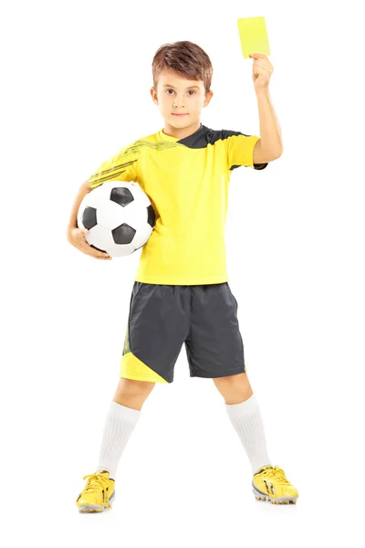 Kid segurando bola de futebol — Fotografia de Stock