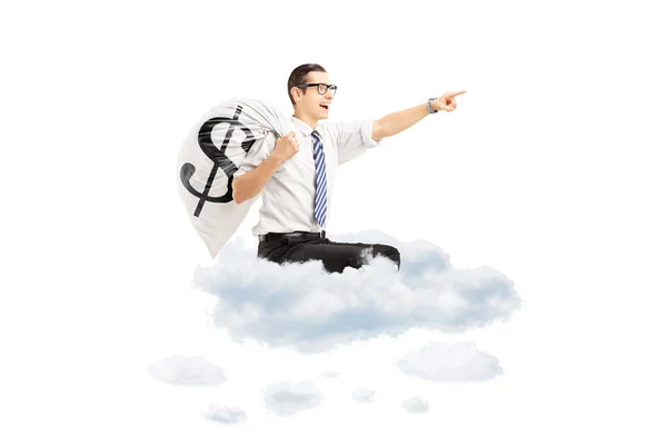 Businessman with money dollar bag on cloud — Stock Photo, Image