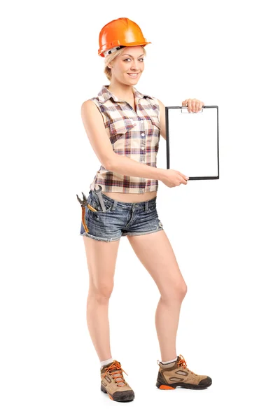 Female worker showing clipboar — Stock Photo, Image