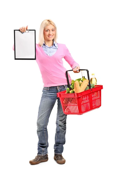 Female holding shopping basket — Stock Photo, Image