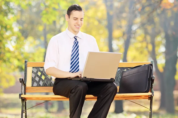 Junger Geschäftsmann sitzt auf Bank und arbeitet am Laptop in einem pa — Stockfoto