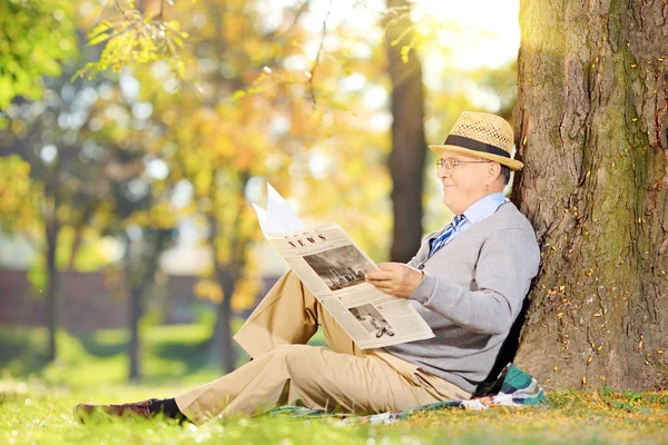 Senior che legge un giornale in un parco — Foto Stock