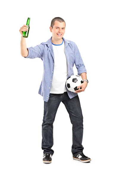 Male fan holding football and beer — Stock Photo, Image