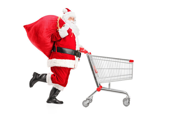 Santa Claus pushing shopping cart