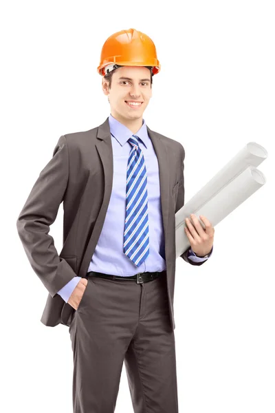 Male holding blueprints — Stock Photo, Image