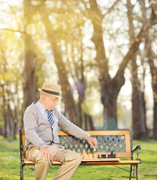 Sênior jogando xadrez sozinho — Fotografia de Stock