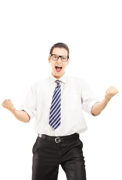 Male with tie gesturing happiness — Stock Photo, Image