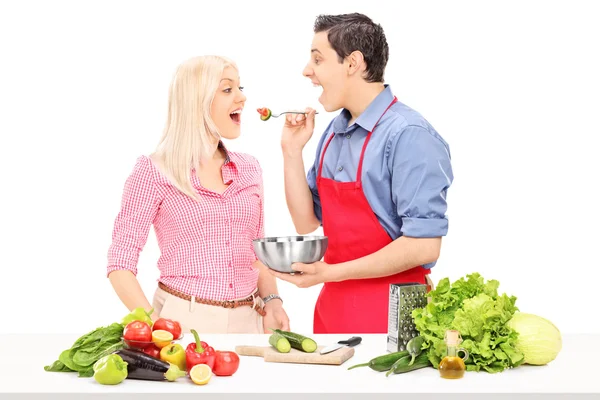 Man and woman enjoy cooking together — Stock Photo, Image