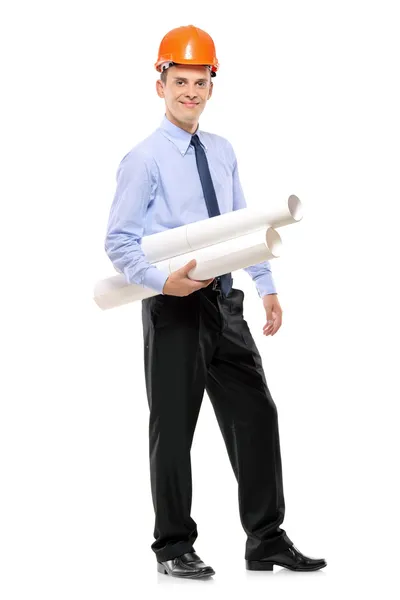 Construction worker holding blueprints — Stock Photo, Image