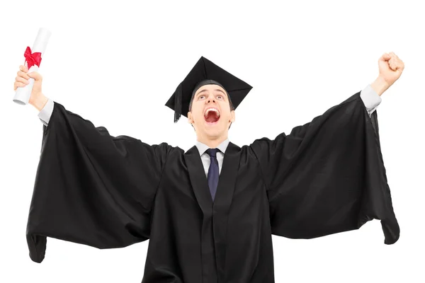 Licenciatura universitária muito feliz segurando diploma — Fotografia de Stock