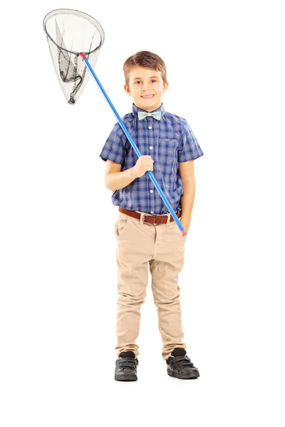 Kid holding butterfly net — Stock Photo, Image