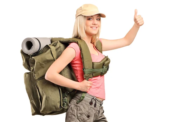 Female hiker giving thumb up — Stock Photo, Image