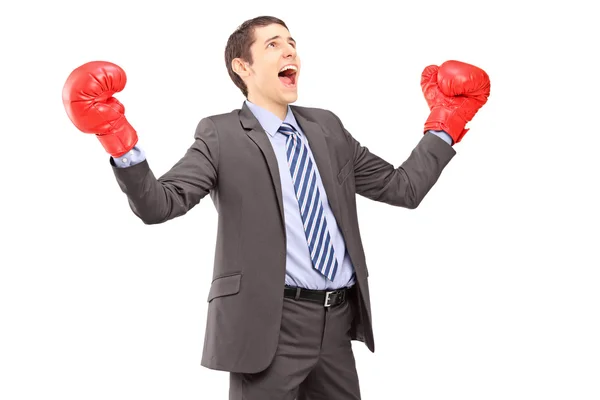 Hombre de negocios en traje con guantes de boxeo —  Fotos de Stock