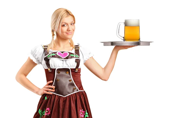 Woman holding tray with beer glass — Stock Photo, Image