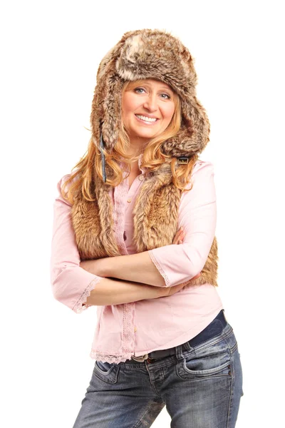Woman wearing fur hat — Stock Photo, Image