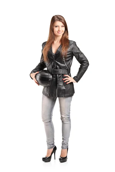 Female biker in leather jacket — Stock Photo, Image