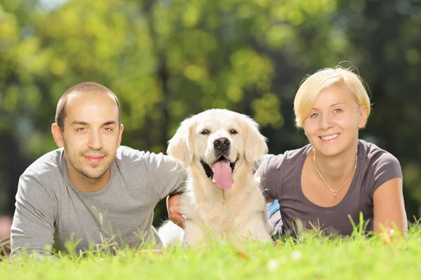 Jong koppel knuffelen een hond Rechtenvrije Stockfoto's