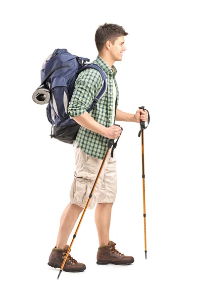 Hiker with hiking poles walking — Stock Photo, Image