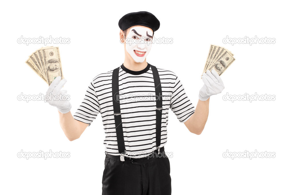 Mime artist holding US dollars