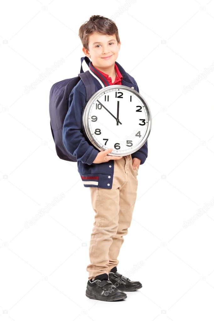 School boy holding clock — Stock Photo © ljsphotography 45871303