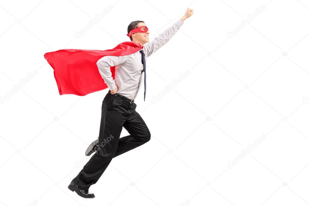 Superhero launching into the air 