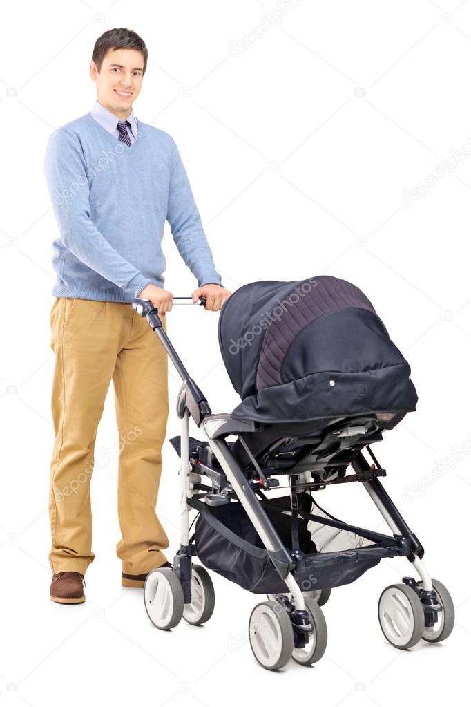 Male pushing baby stroller