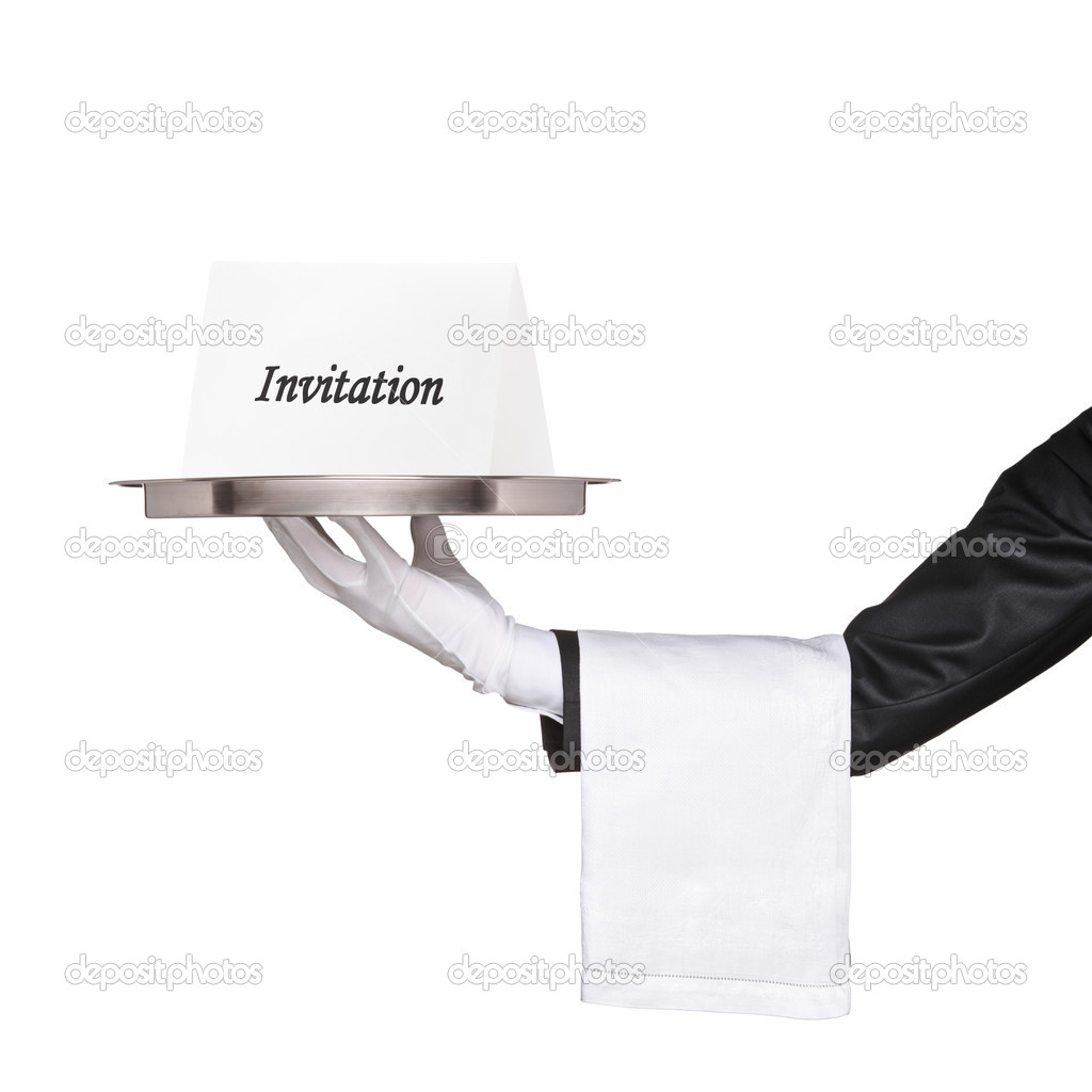Waiter holding tray with an invitation
