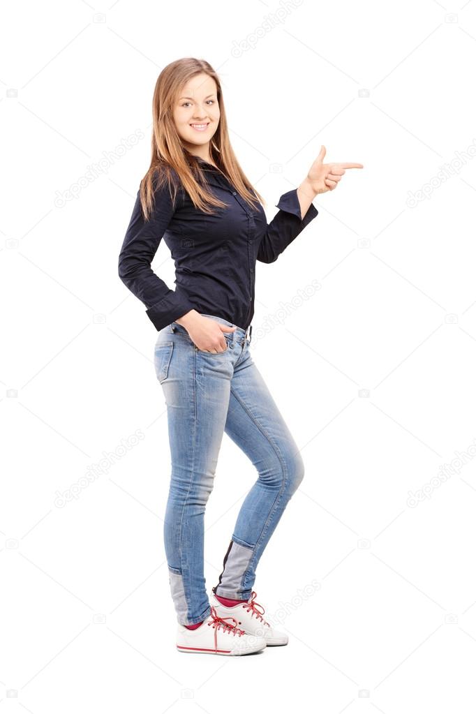 Casual woman pointing with hand