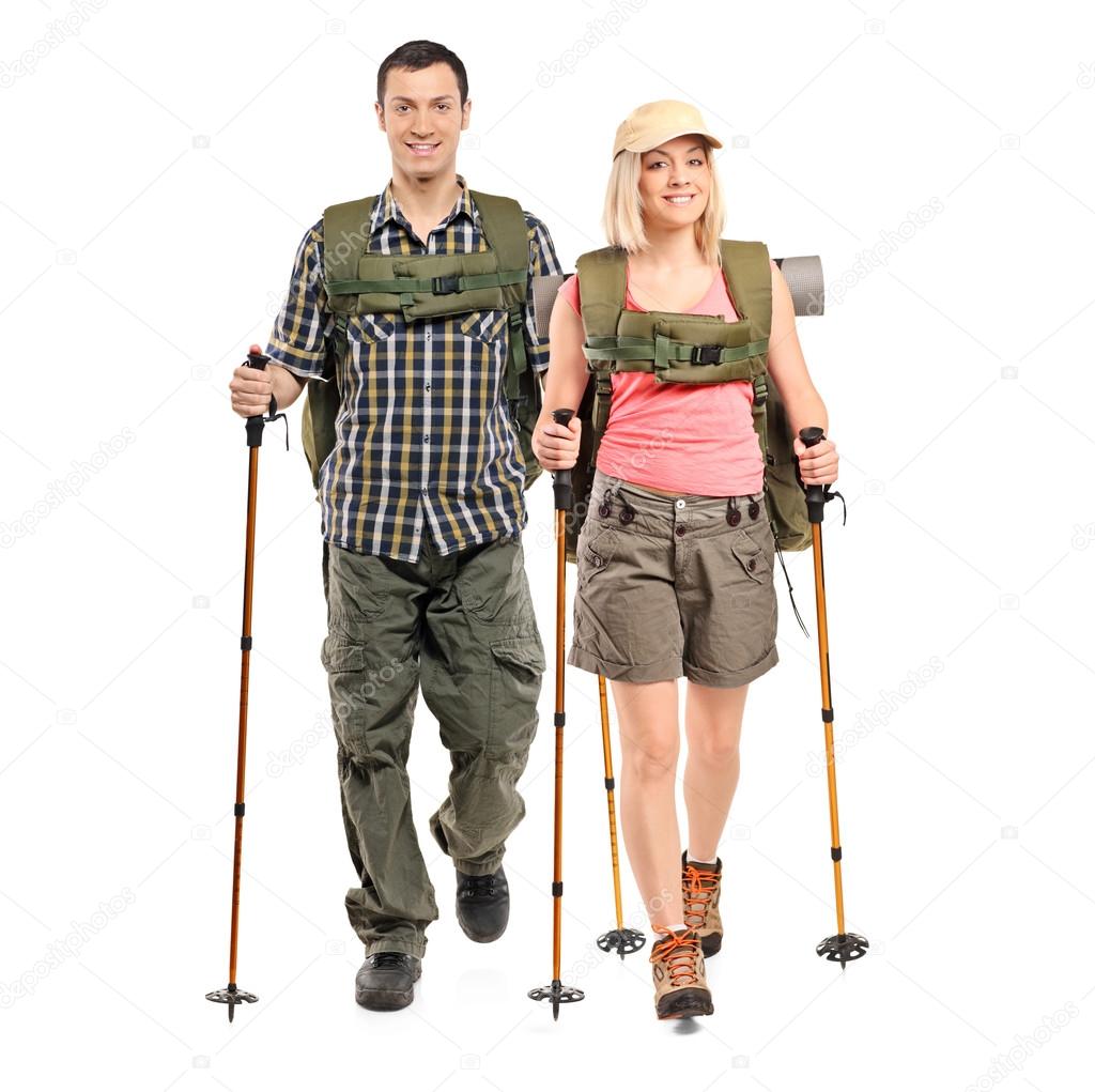 Man and woman with hiking poles