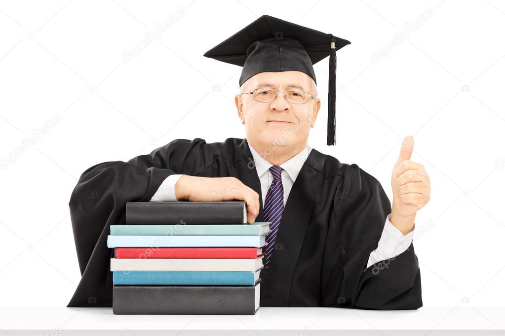Professor with books gesturing happiness