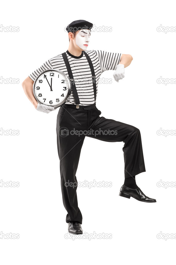 Mime artist holding clock