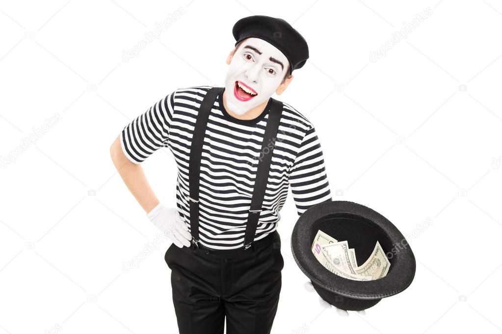 Mime artist collecting money in hat