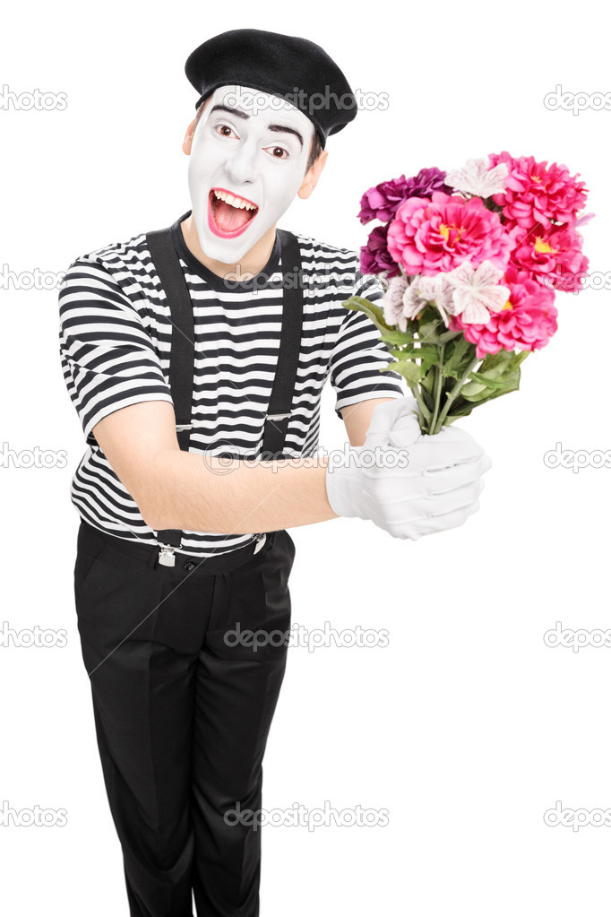 Mime artist holding bouquet of flowers
