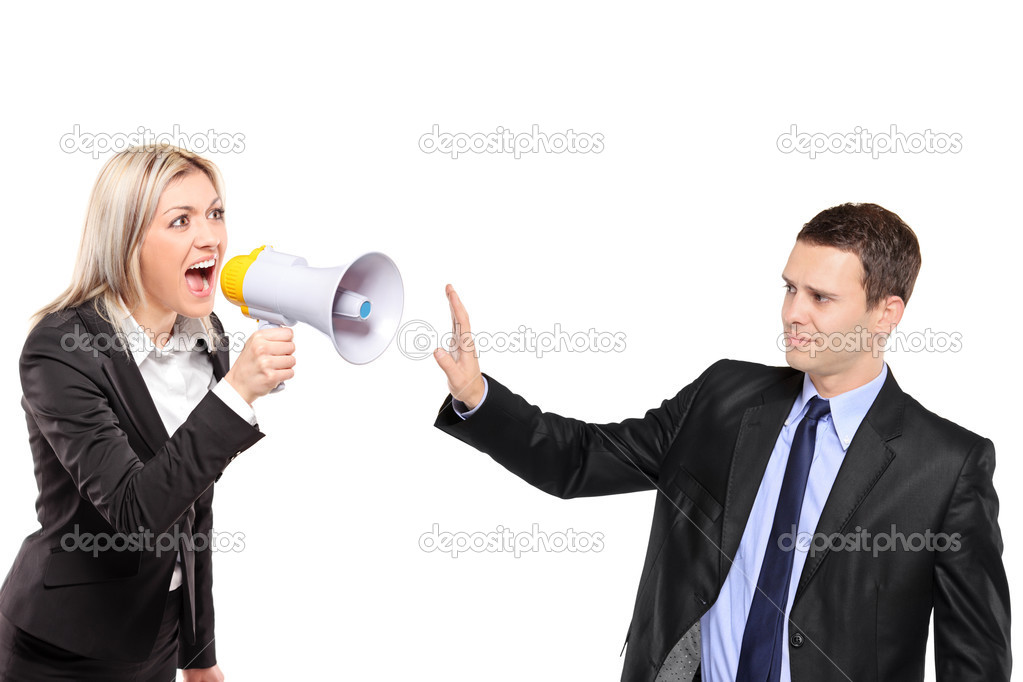 Woman yelling via megaphone