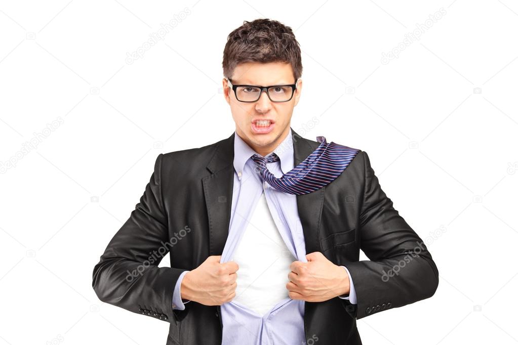 Superhero businessman opening blue shirt, blank white t-shirt underneath provides excellent copy space for your image, text or logo