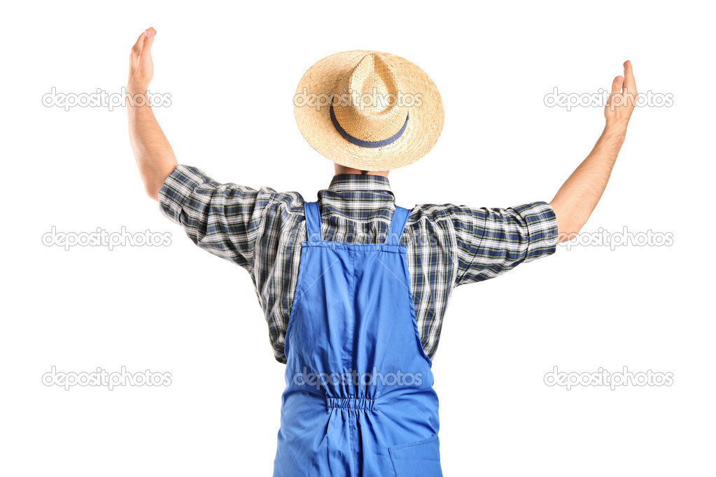 Farmer gesturing with raised hands