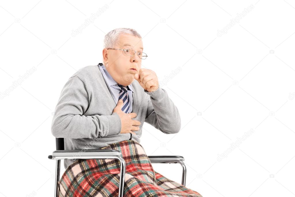 Senior man in wheelchair, choking 