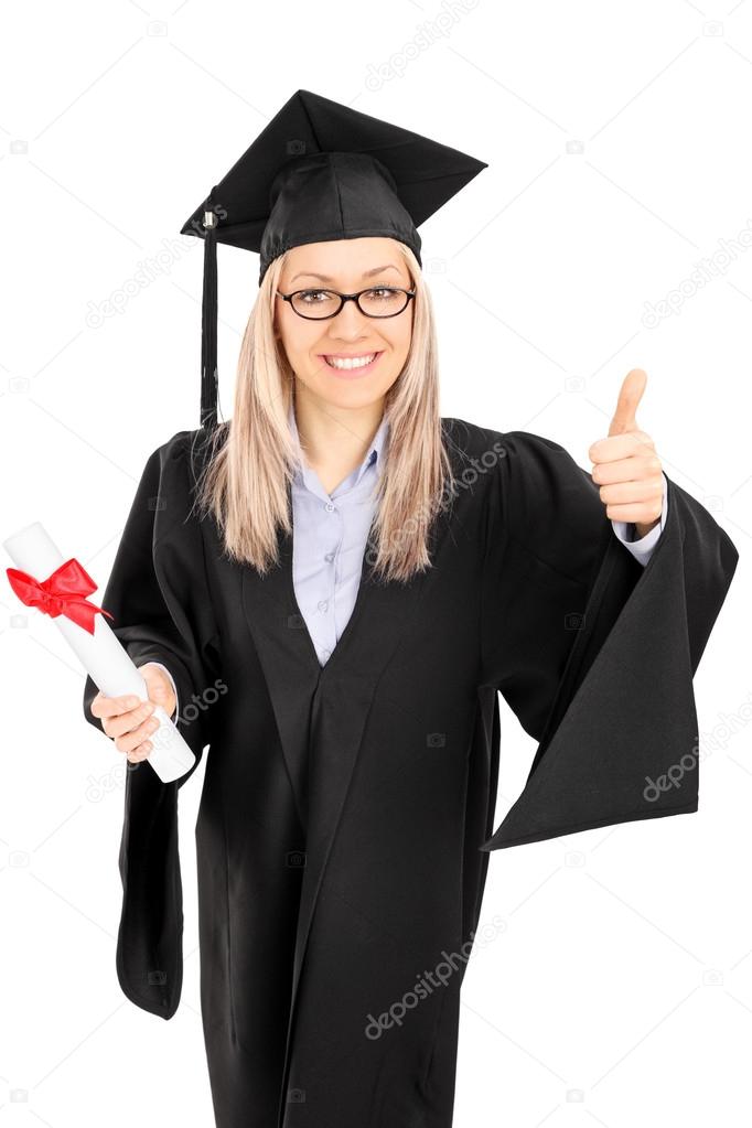 Student holding a diploma thumb up