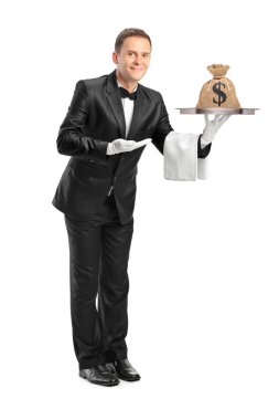 para çantası ile tepsi tutarak uşak
