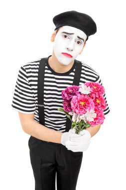 Sad mime artist holding bouquet clipart