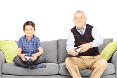 Grandfather with nephew playing vide clipart