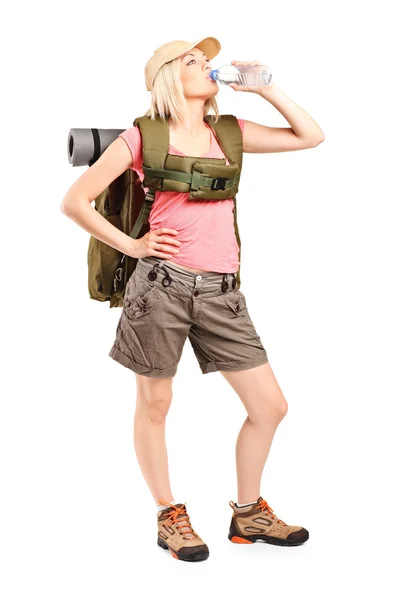 Female hiker drinking water — Stock Photo, Image