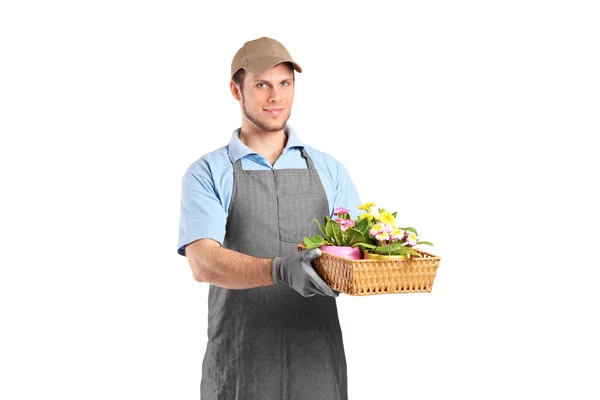 Jardineiro masculino segurando vasos de flores — Fotografia de Stock