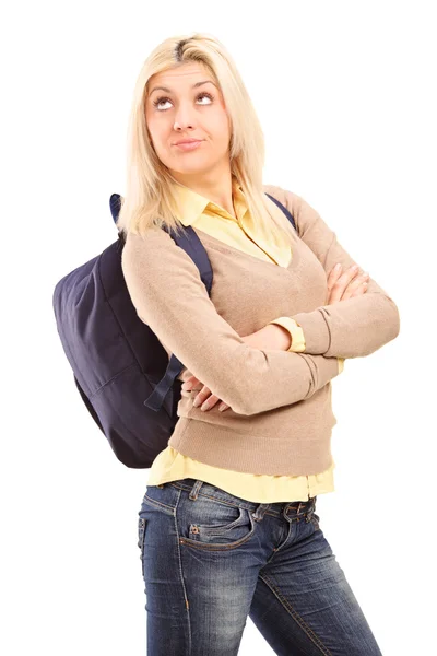 Estudante com pensamento mochila — Fotografia de Stock