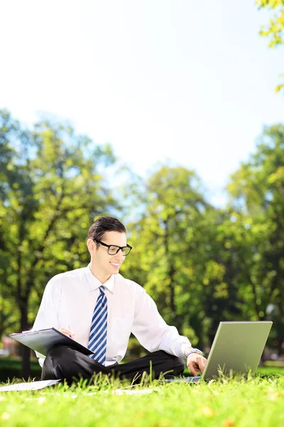 Empresario trabajando en un portátil en la hierba — Foto de Stock