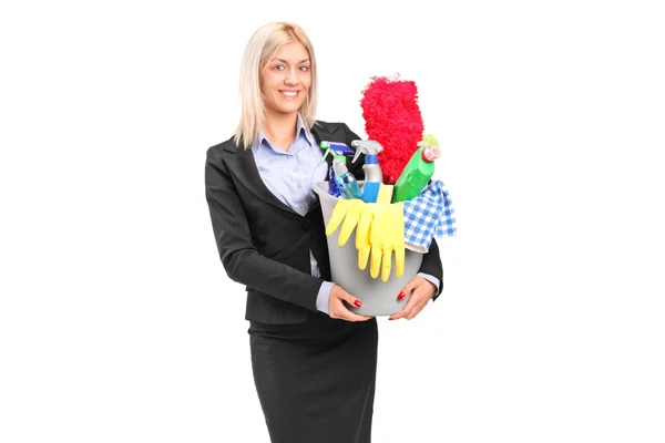 Vrouwelijke houden schoonmaken levert — Stockfoto