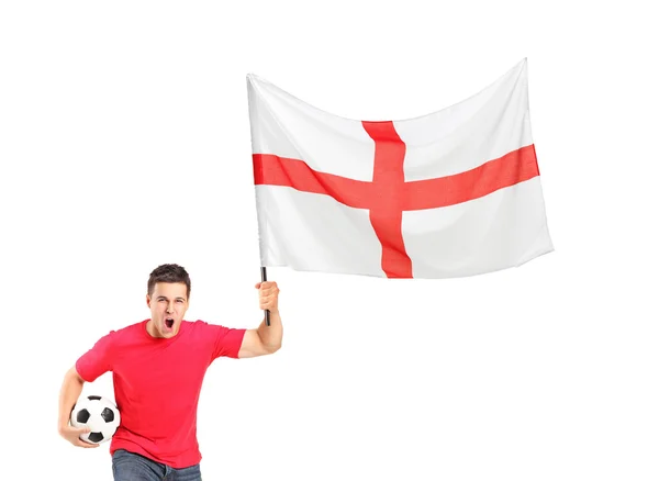 Wentylator posiadający piłkę i flagi Polski — Zdjęcie stockowe