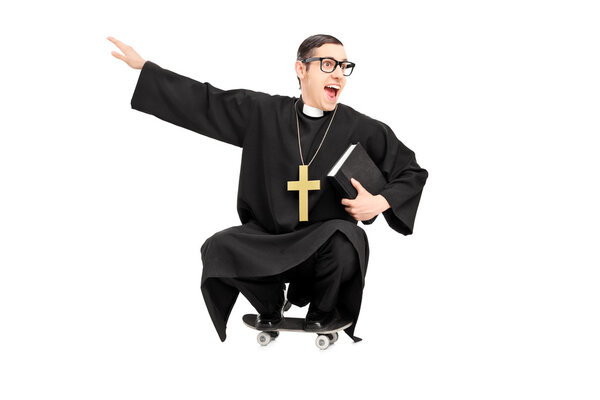 Silly priest riding skateboard