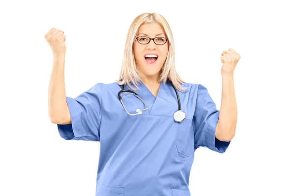 Female doctor gesturing happiness — Stock Photo, Image