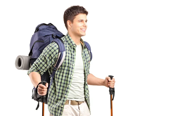 Hiker holding hiking poles — Stock Photo, Image